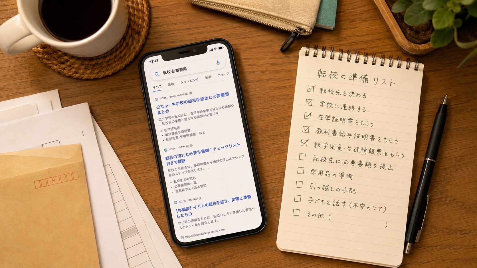 転校の準備リストと必要書類を調べるスマホ